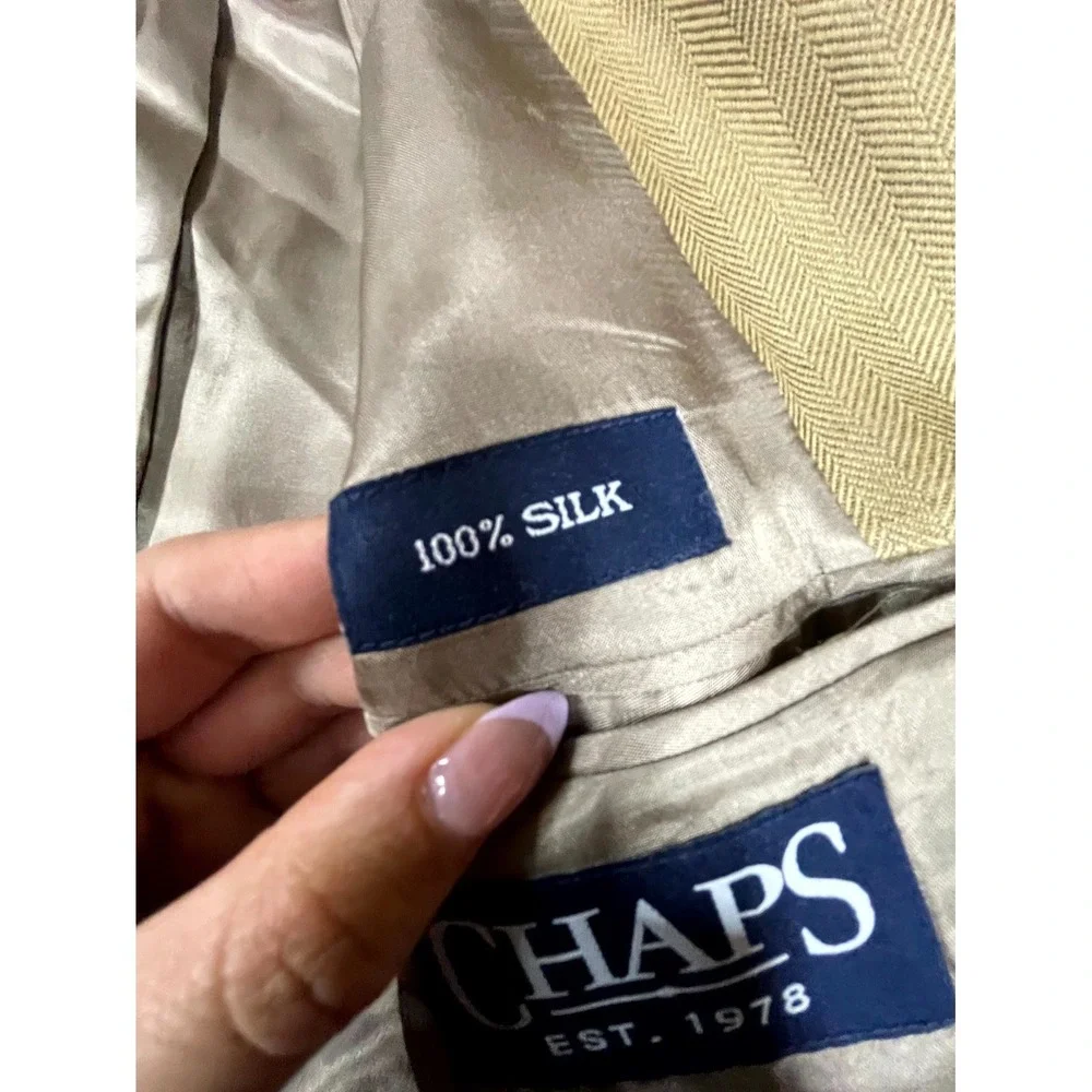 Chaps Ralph Lauren Blazer Jacket Men Tan Silk Herringbone Sport Coat Notch Lapel